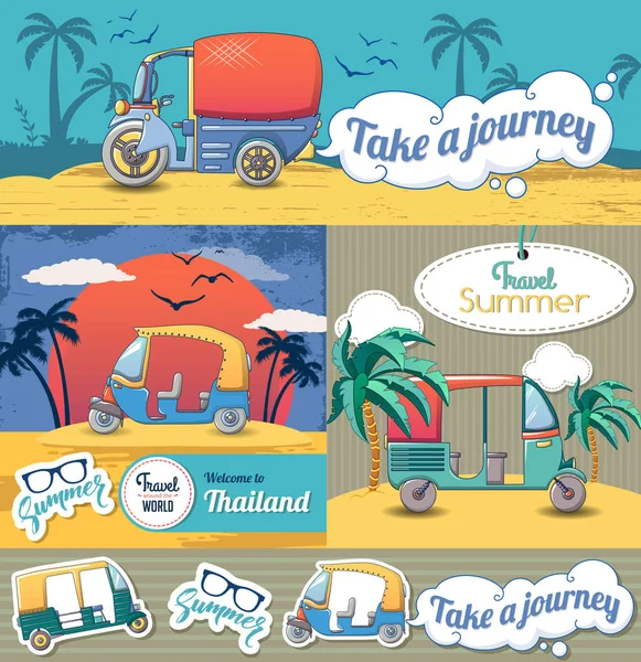 Tuk rickshaw Tailandia conjunto de pancartas, estilo de dibujos animados — Vector de stock