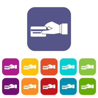 Bir kredi kartı Icons set tutan el