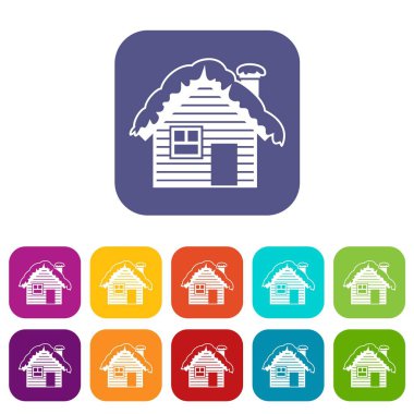 Ahşap ev kar Icons set ile kaplı