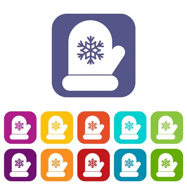 Mitten con bianco fiocco di neve set di icone — Vettoriale Stock