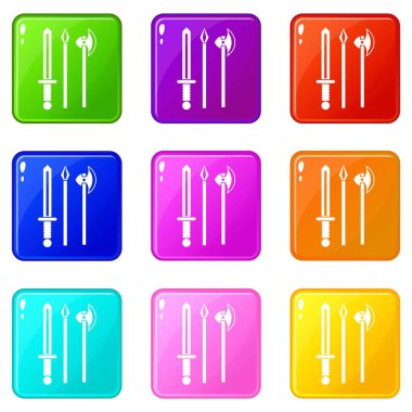 Eski silah kılıç, çekme ve balta simgeler 9 ayarla