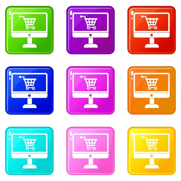 Compra en tienda online a través de iconos de ordenador — Vector de stock