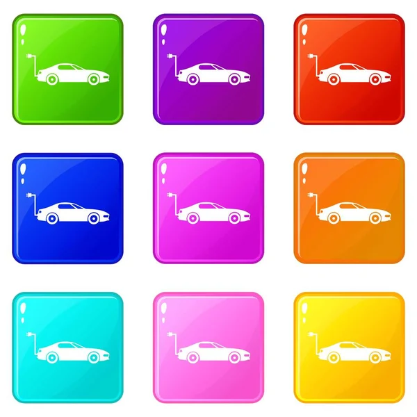 Iconos de coche eléctrico 9 conjunto — Vector de stock