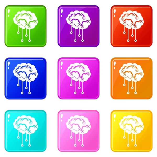 Capteurs sur les icônes du cerveau humain 9 ensemble — Image vectorielle