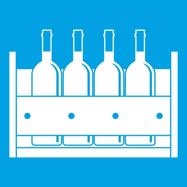 Quattro bottiglie di vino in una scatola di legno icona bianca — Vettoriale Stock