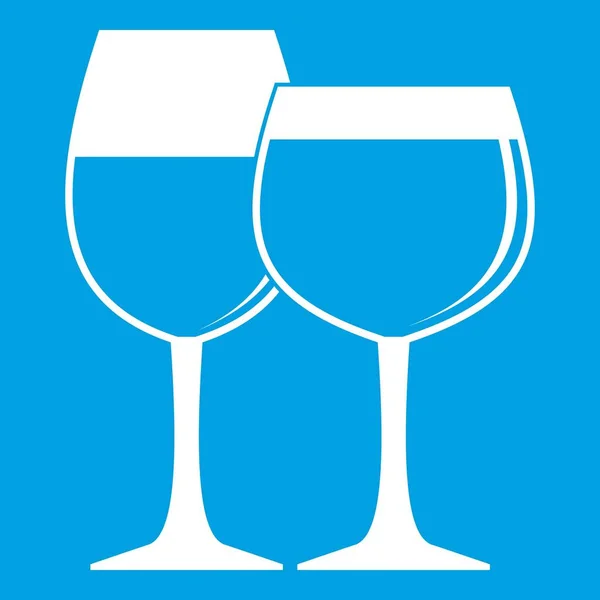 Zwei Gläser Wein Symbol Weiß Isoliert Auf Blauem Hintergrund Vektor — Stockvektor