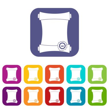 Renkleri kırmızı, mavi, yeşil ve diğer düz stil içinde mum mühür simgeler kümesi vektör çizim ile kaydırma kağıt