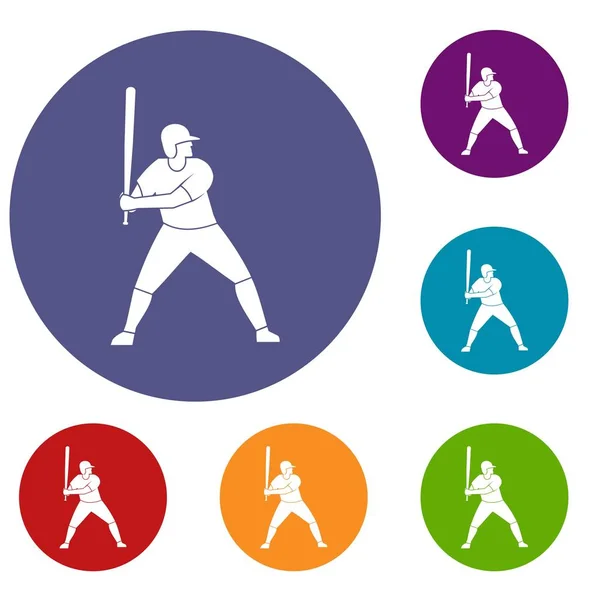 Jugador de béisbol con conjunto de iconos de bate — Archivo Imágenes Vectoriales