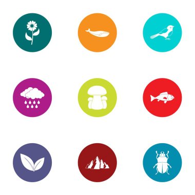 Vahşi dağ Icons set. Düz beyaz arka plan üzerinde izole web için 9 vahşi dağ vektör simge kümesi