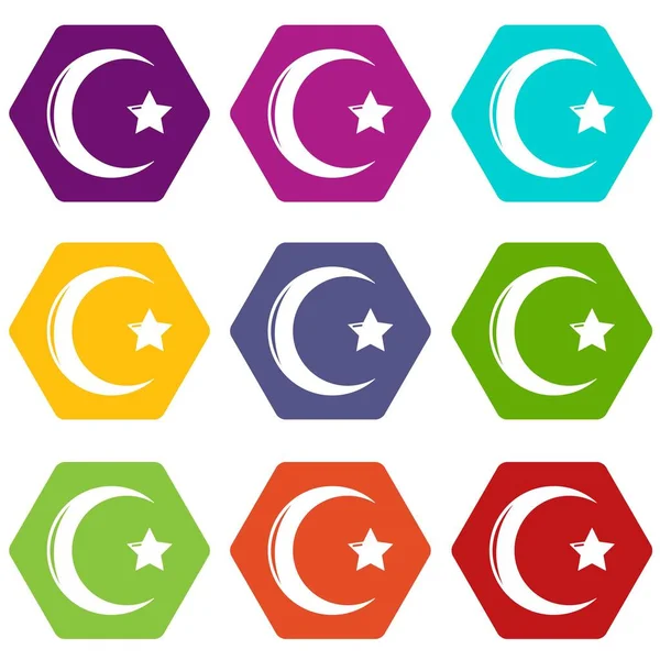 Estrella creciente símbolo islam iconos conjunto 9 vector — Archivo Imágenes Vectoriales