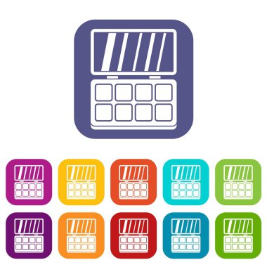 Makyaj kozmetik simgeler vektör çizim renklerde düz stil içinde kırmızı, mavi, yeşil ve diğer ayarla