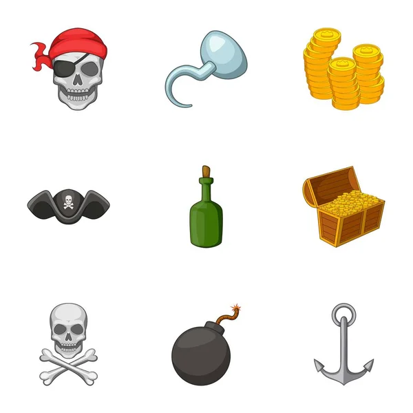 Pirát symbolika ikony set, kreslený styl — Stockový vektor