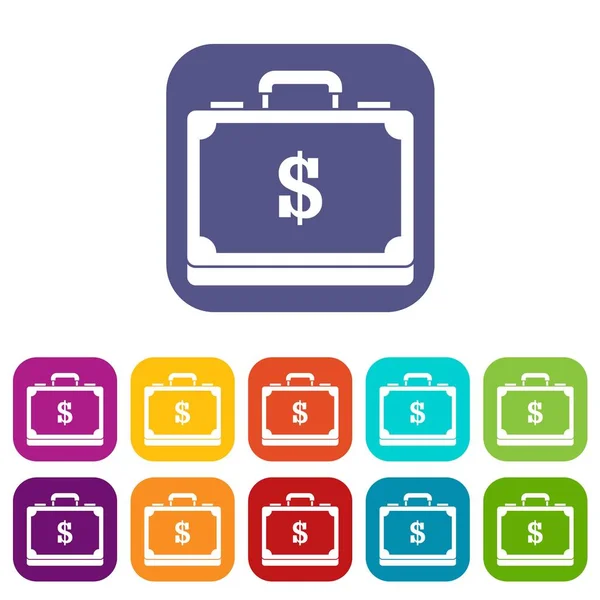 Briefcase full of money icons set — Stock Vector
