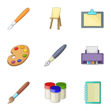 Çizme ve yazma araçları Icons set, tarzı çizgi film