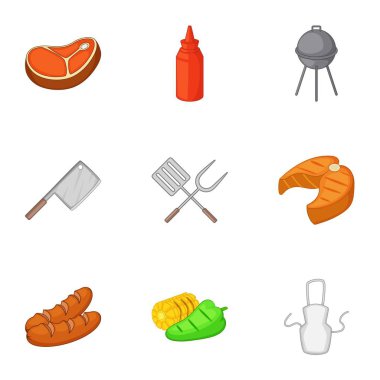 Barbekü ekipman Icons set, karikatür tarzı