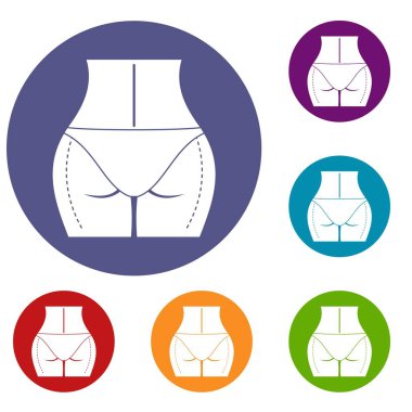 Web için düz daire kırmızı, mavi ve yeşil renkte plastik cerrahi simgeler için hazırlanan kadın kalça ayarla