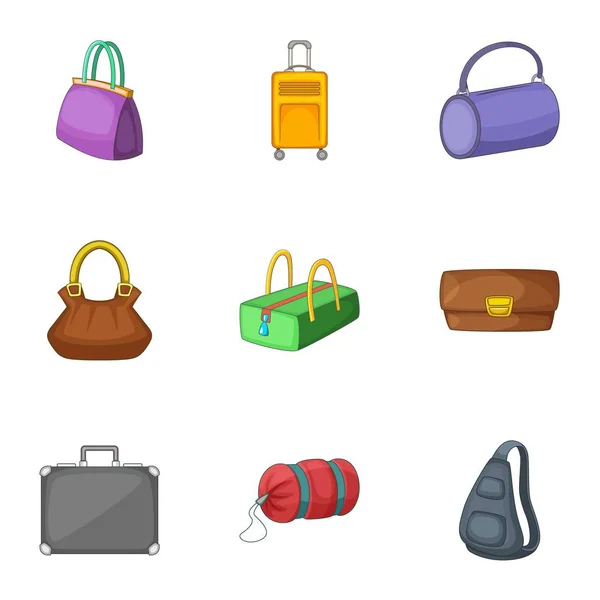 Borse e valigie set di icone, stile cartone animato — Vettoriale Stock
