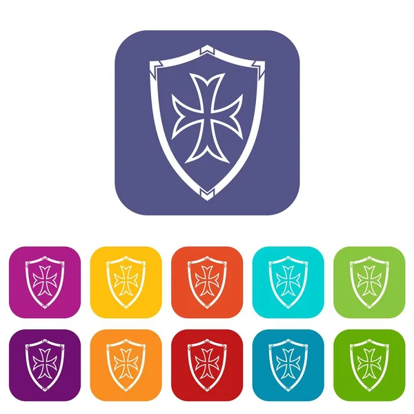 Koruyucu kalkan simgeler vektör çizim renklerde düz stil içinde kırmızı, mavi, yeşil ve diğer ayarla