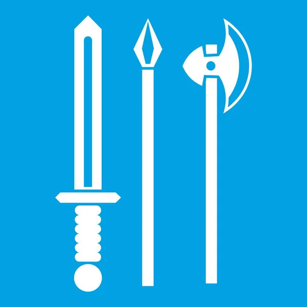 Ancienne arme épée, pioche et hache icône blanche — Image vectorielle