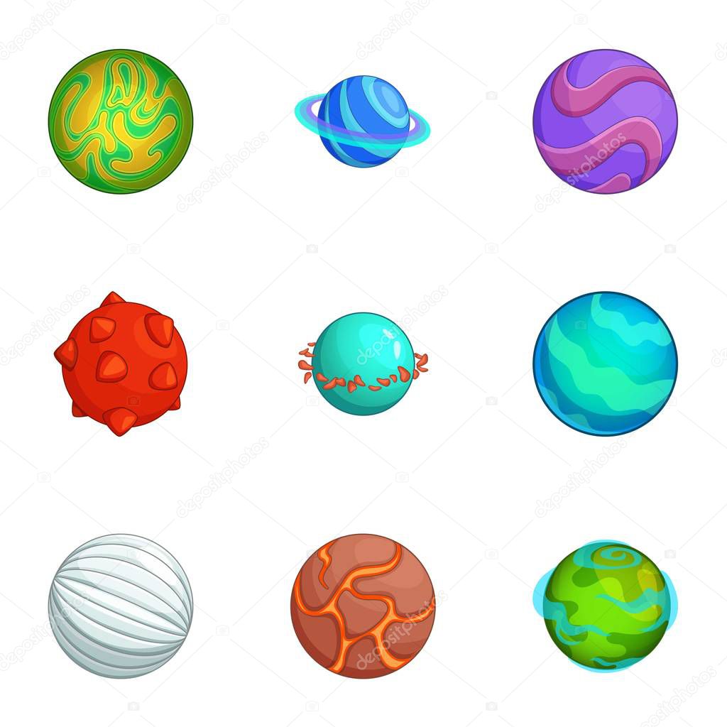 Fantastic planets icons set, cartoon style