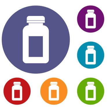 Web için düz daire kırmızı, mavi ve yeşil renkte tıp kavanoz Icons set