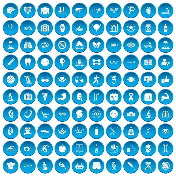 100 health icons set blue