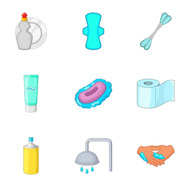 Koupelnové vybavení ikony set, kreslený styl — Stockový vektor