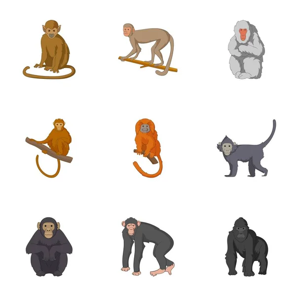 Комплект иконок лесных обезьян, стиль мультфильма — стоковый вектор