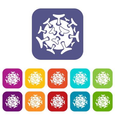 Yuvarlak viral bakteri simgeler vektör çizim renklerde düz stil içinde kırmızı, mavi, yeşil ve diğer ayarla