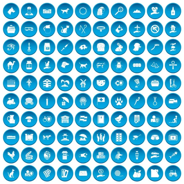 100 animaux de compagnie icônes ensemble bleu — Image vectorielle
