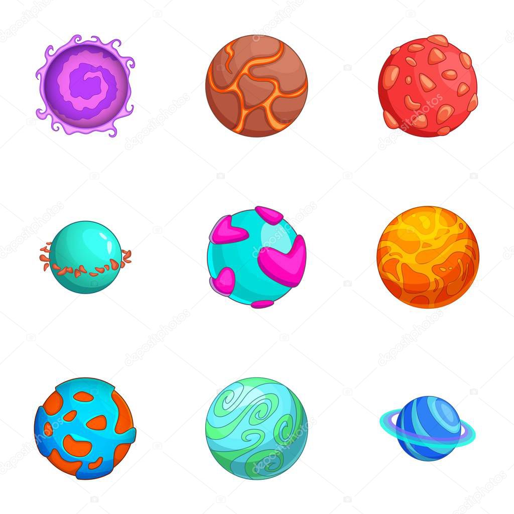 Space planets icons set, cartoon style