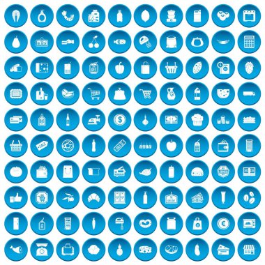 100 süpermarket simgeleri mavi ayarla