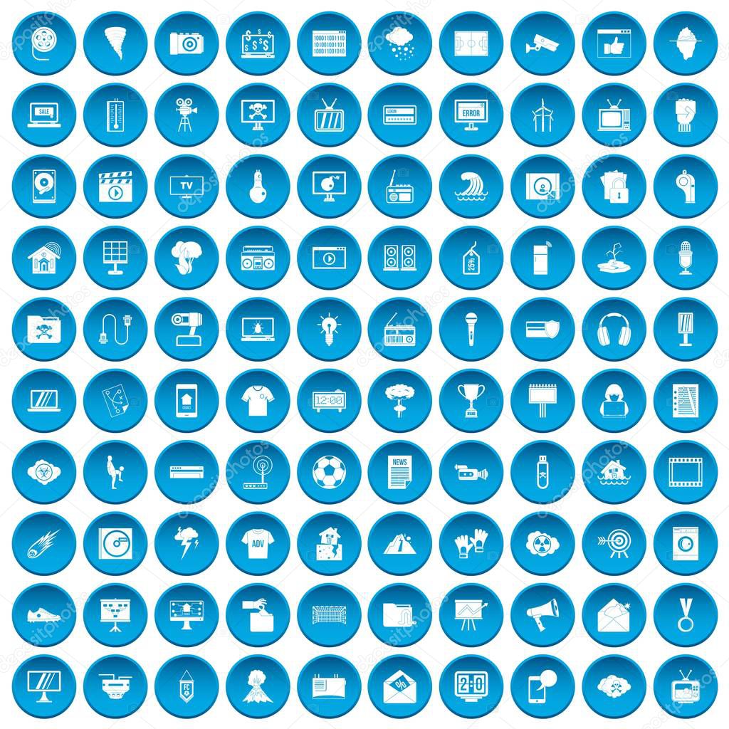 100 TV icons set blue