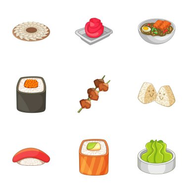 Suşi Icons set. Beyaz arka plan üzerinde izole web için 9 suşi vektör simge kümesi çizgi film