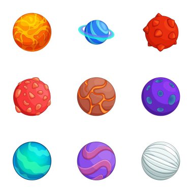 Fantezi renkli gezegenler Icons set, karikatür tarzı