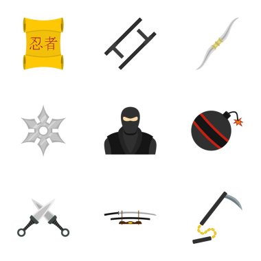 Ninja arsenal Icons set, düz stil