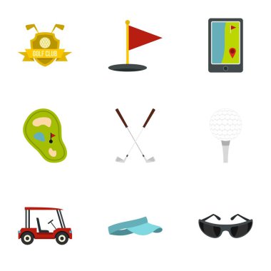 Golf şeyler Icons set, düz stil