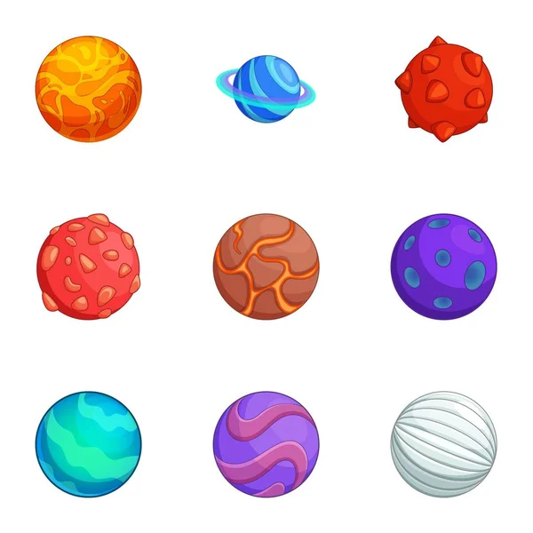 Fantasía planetas coloridos iconos conjunto, estilo de dibujos animados — Vector de stock