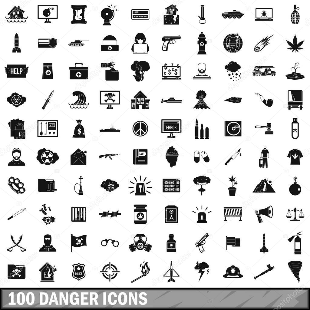 100 danger icons set, simple style 