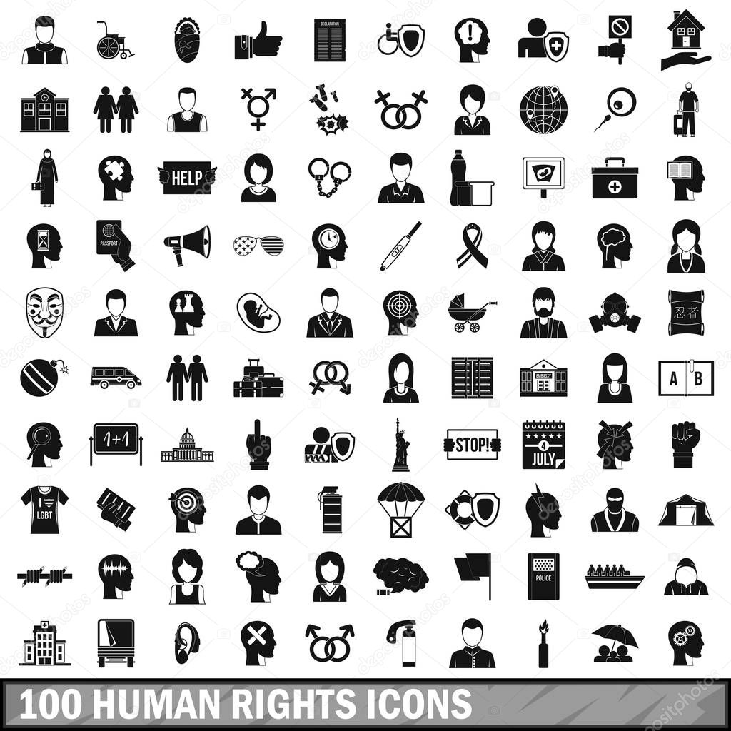 100 human rights icons set, simple style 