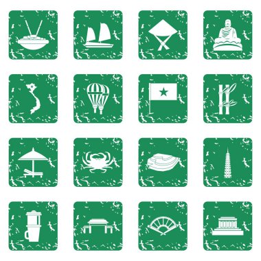 Grunge Vietnam seyahat Icons set