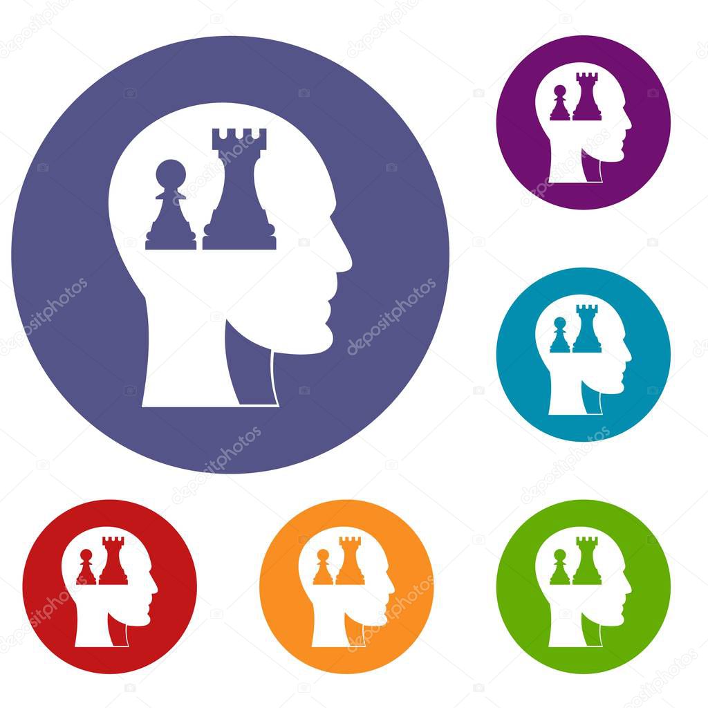 Head with queen and pawn chess icons set