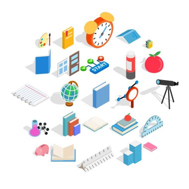 Kolej okul ev Icons set, izometrik stili