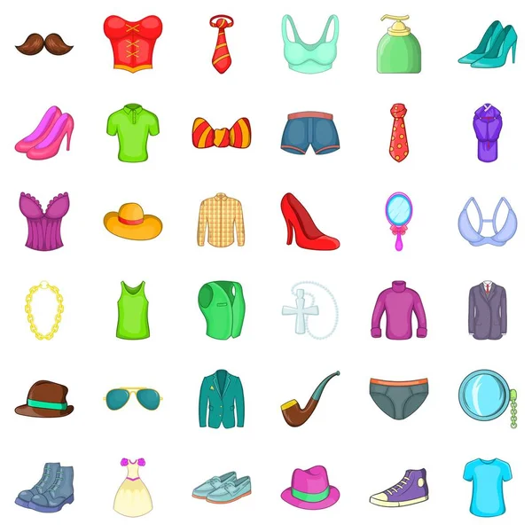 Conjunto de ícones de roupas e sapatos, estilo cartoon — Vetor de Stock