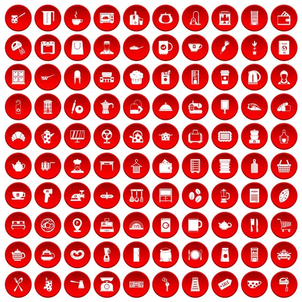 Kırmızı 100 mutfak mutfak eşyaları Icons set — Stok Vektör