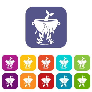 Bir yangın Icons set üzerinde balık çorbası