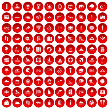 beyaz vektör illüstrasyon izole kırmızı daire içinde 100 sörf Icons set