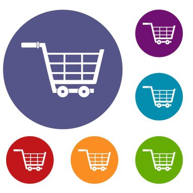 Web için düz daire kırmızı, mavi ve yeşil renkte büyük alışveriş arabası Icons set