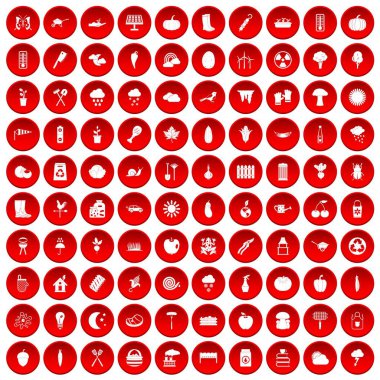 beyaz vektör illüstrasyon izole kırmızı daire içinde 100 sebze Icons set
