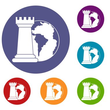 Dünya gezegen ve satranç Icons set çaylak